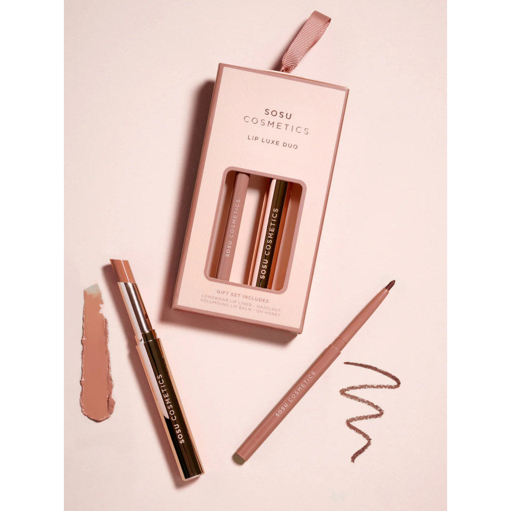 SOSU Cosmetics lip liner duo with packaging on a pink background