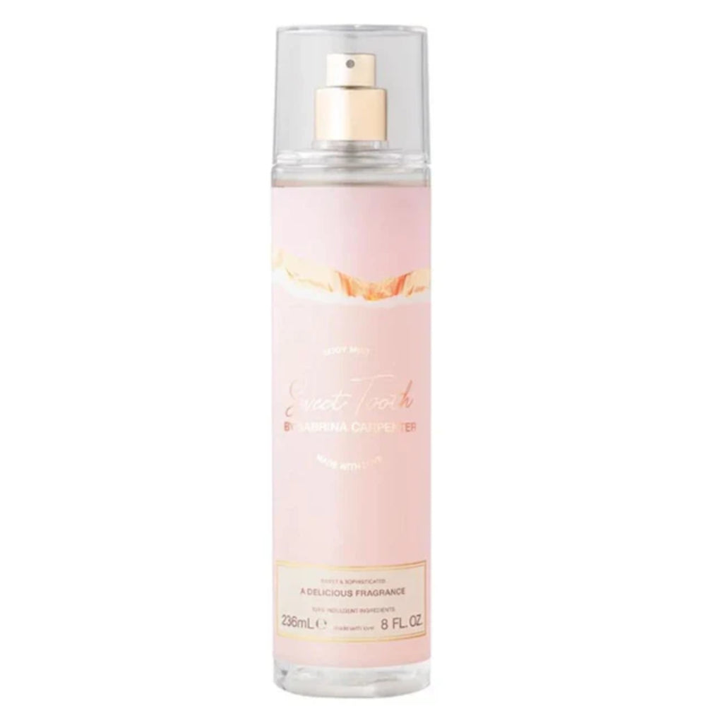 Perfume bottle with pink label on a white background