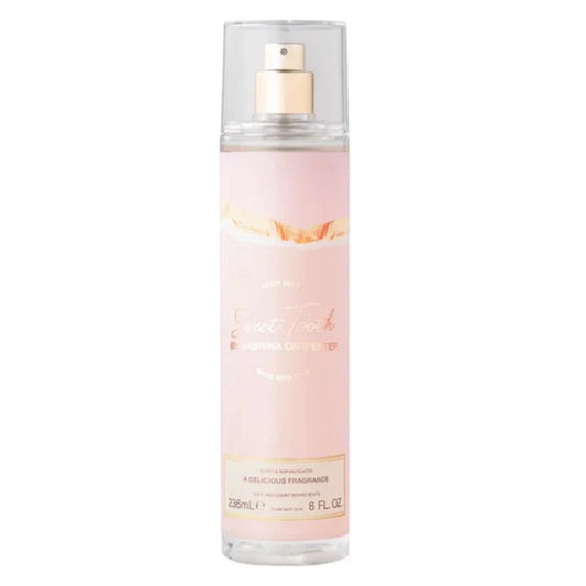 Perfume bottle with pink label on a white background