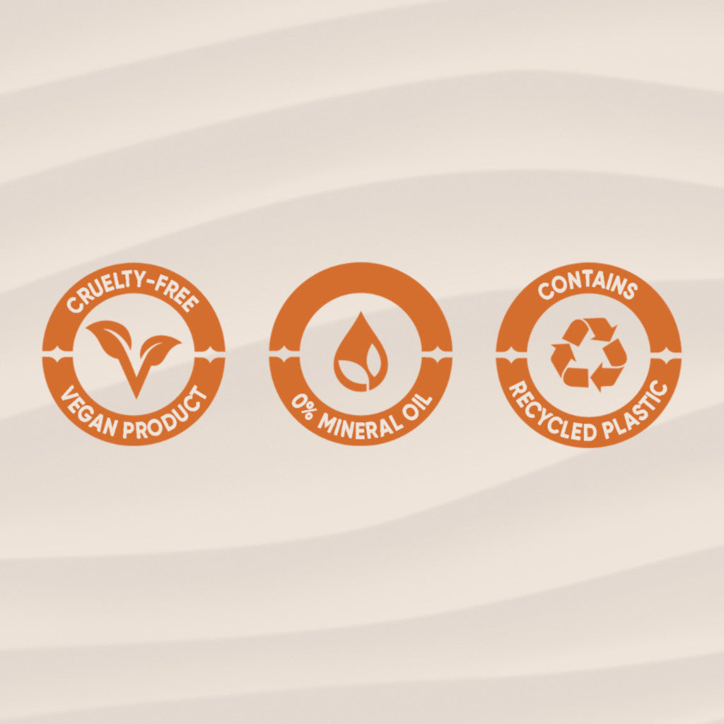 Three circular icons on a beige background indicating cruelty-free, vegan product, 0% mineral oil, and recycled plastic content.