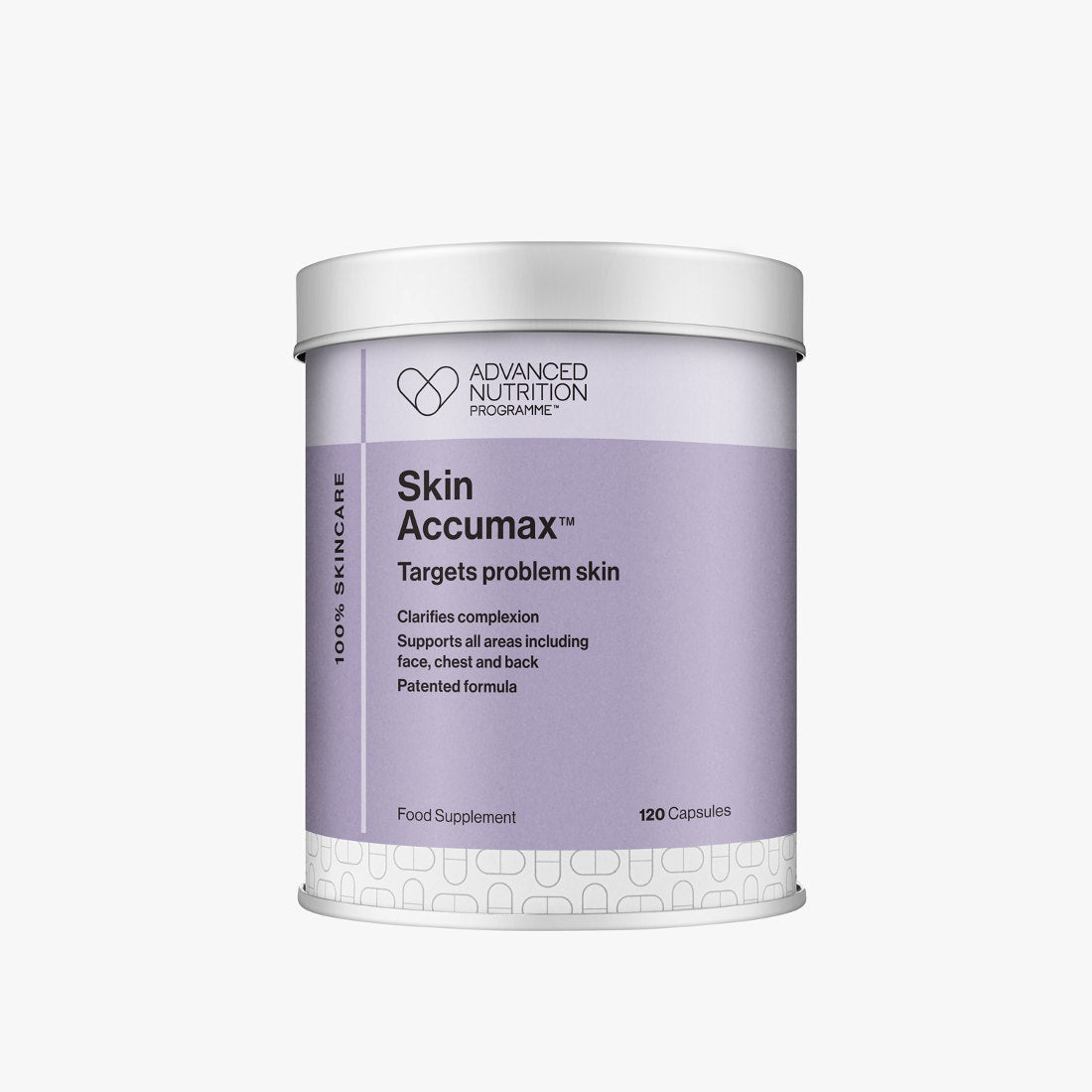 Container of Skin Accumax by Advanced Nutrition Programme on a white background