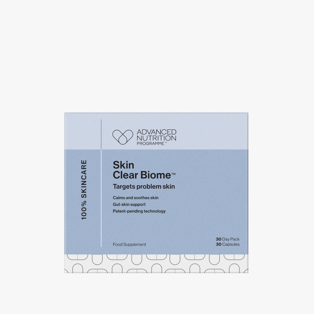 Advanced Nutrition Programme Skin Clear Biome packaging on a light gray background