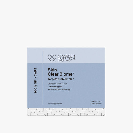 Advanced Nutrition Programme Skin Clear Biome packaging on a light gray background