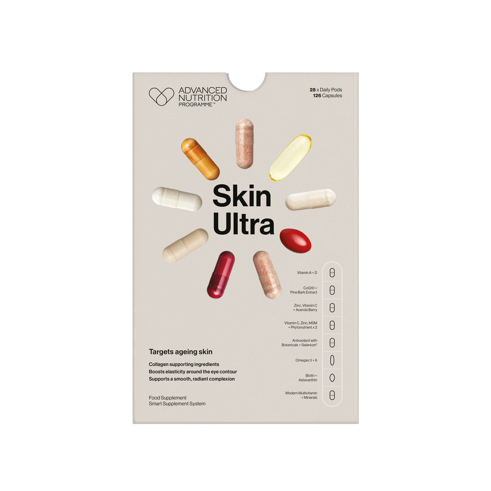 A product image featuring a box of Advanced Nutrition Programme Skin Ultra supplements, with capsules displayed in front of the box.