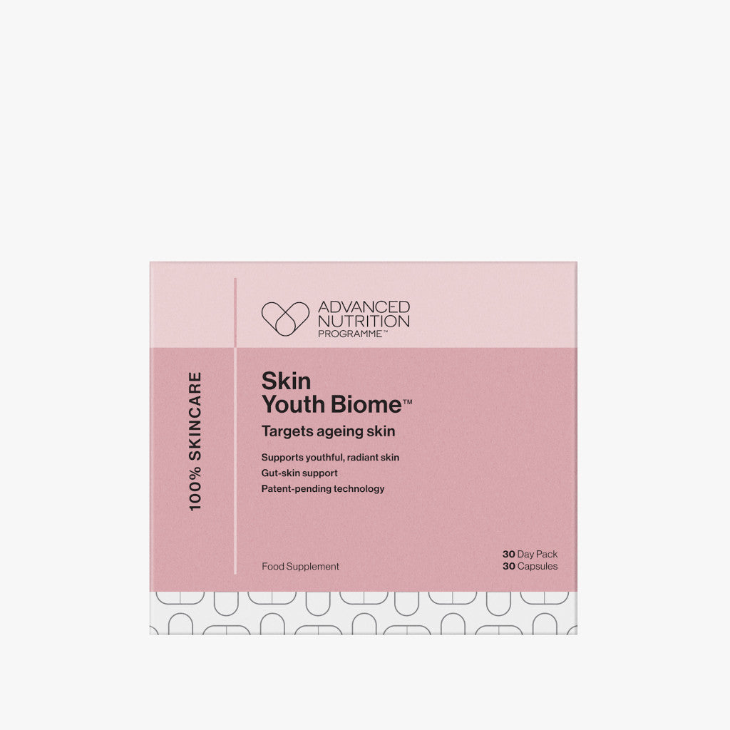 Box of Advanced Nutrition Programme Skin Youth Biome on a light pink background