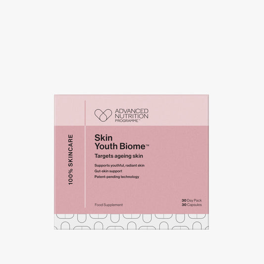 Box of Advanced Nutrition Programme Skin Youth Biome on a light pink background