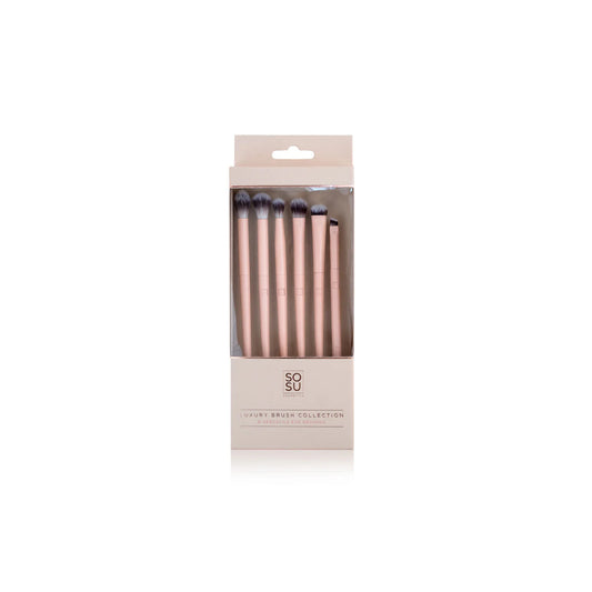 Set of makeup brushes in a rose gold packaging with 'SOSU' branding on a white background.