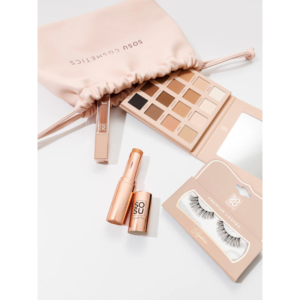 Makeup products including a palette, lipsticks, and false eyelashes with 'SOSU COSMETICS' branding on a light background.