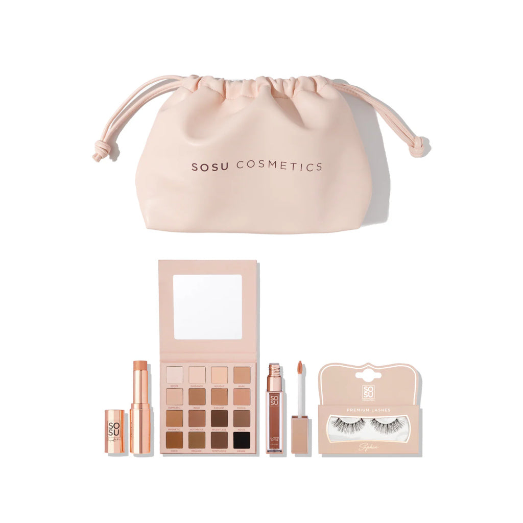 SOSU Cosmetics makeup set with a drawstring bag on a white background