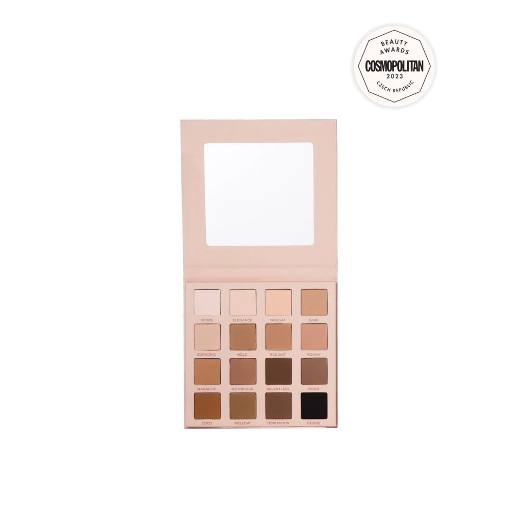 Makeup palette with neutral shades and a Cosmopolitan Beauty Awards 2023 badge on a white background