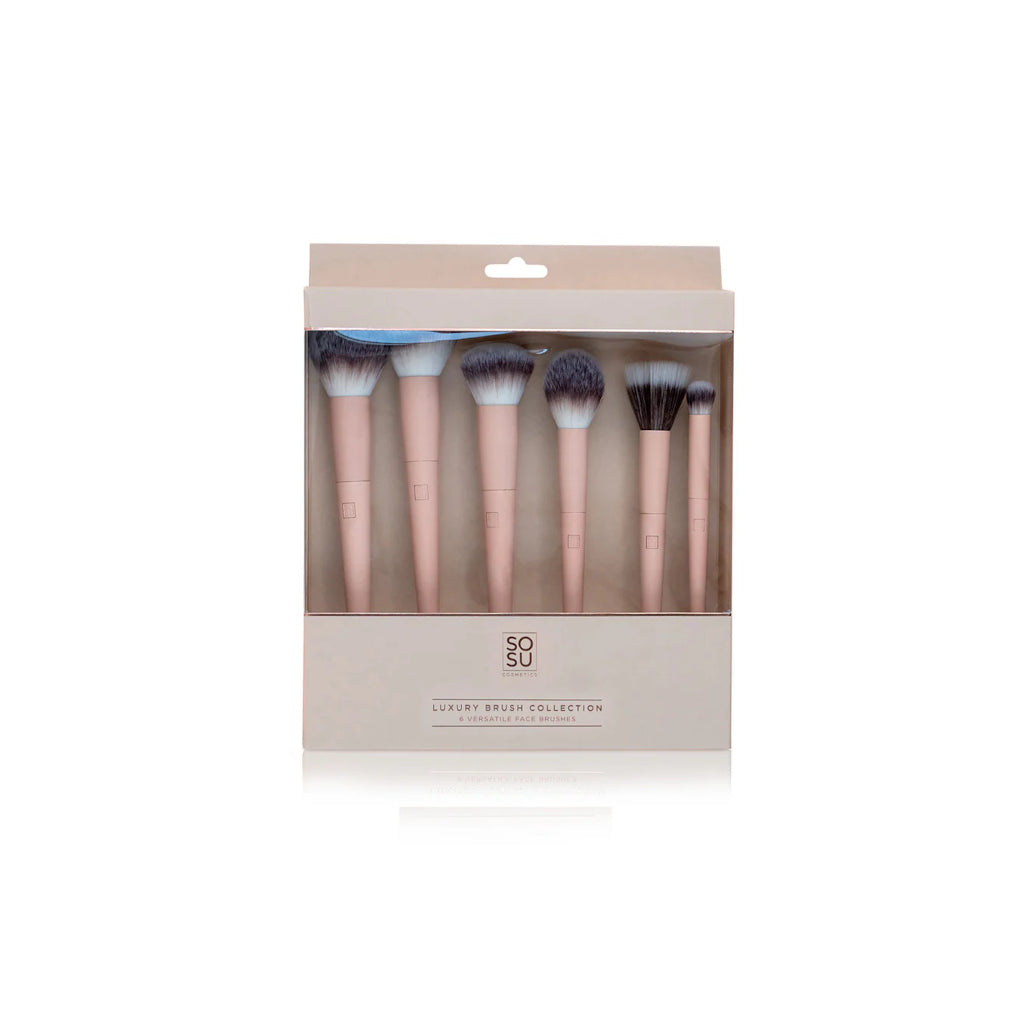 Set of makeup brushes in a Sosu packaging on a white background