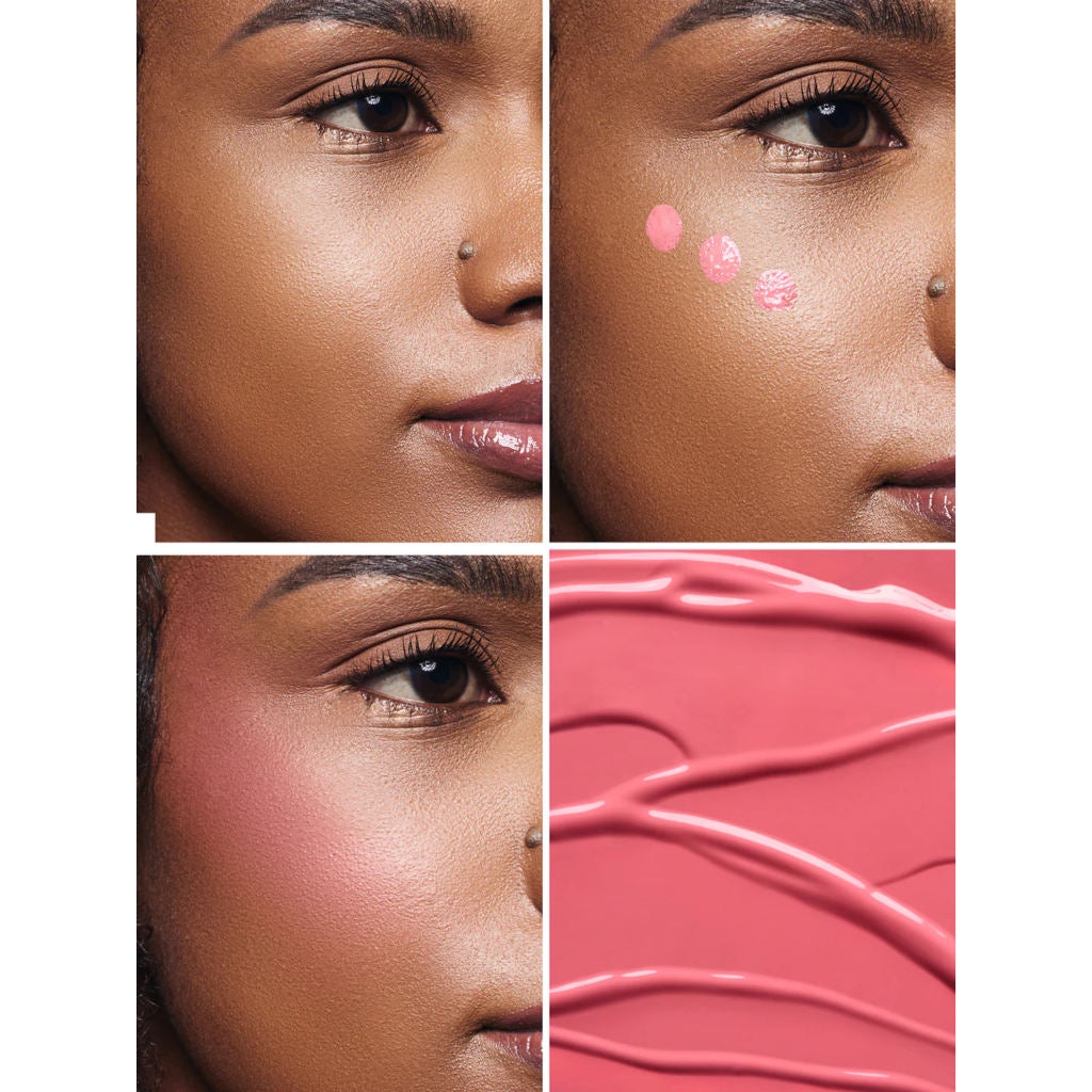 Collage of a woman's face with makeup application and a close-up of pink blush.