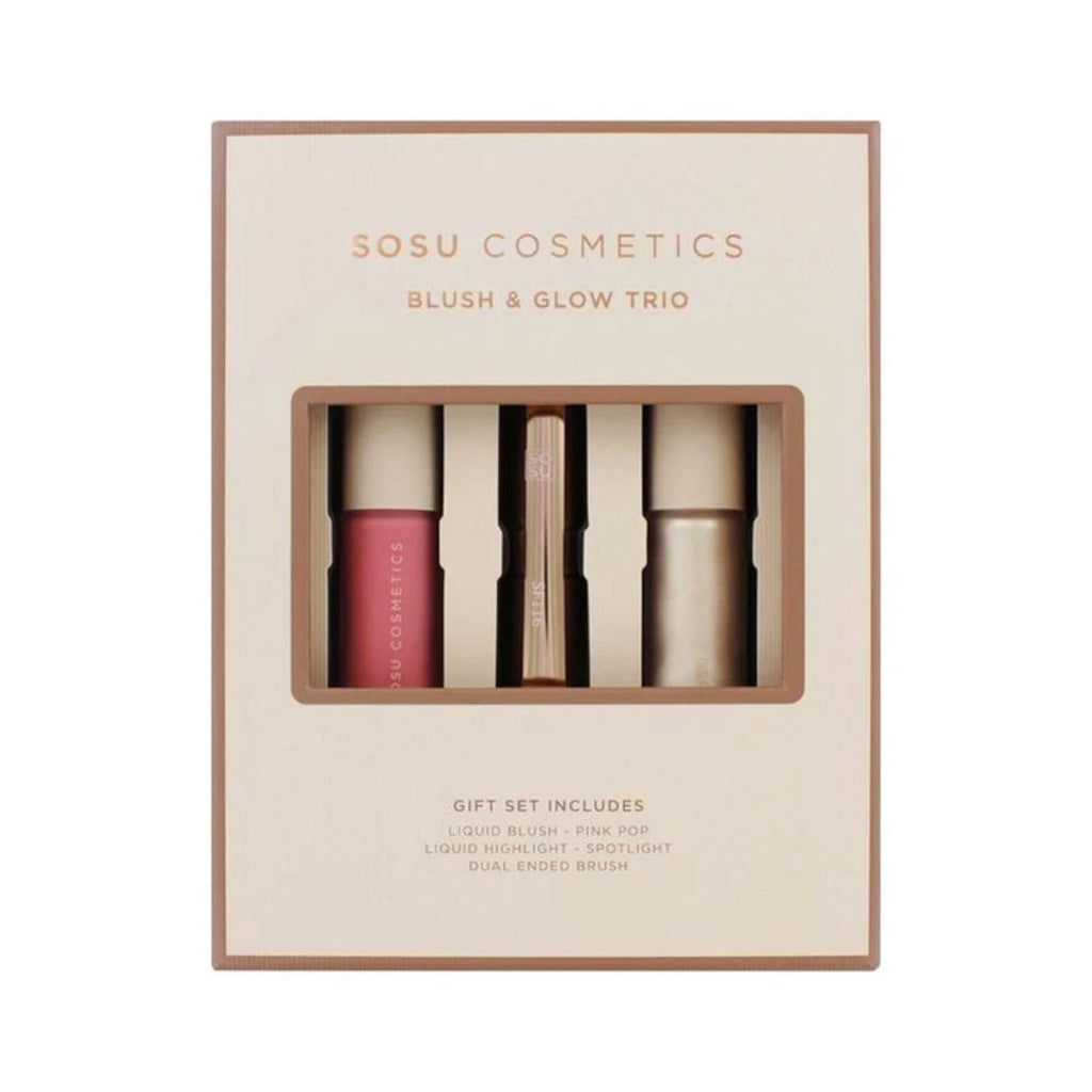 SOSU Cosmetics blush and glow trio packaging on a white background