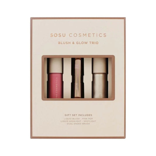 SOSU Cosmetics blush and glow trio packaging on a white background