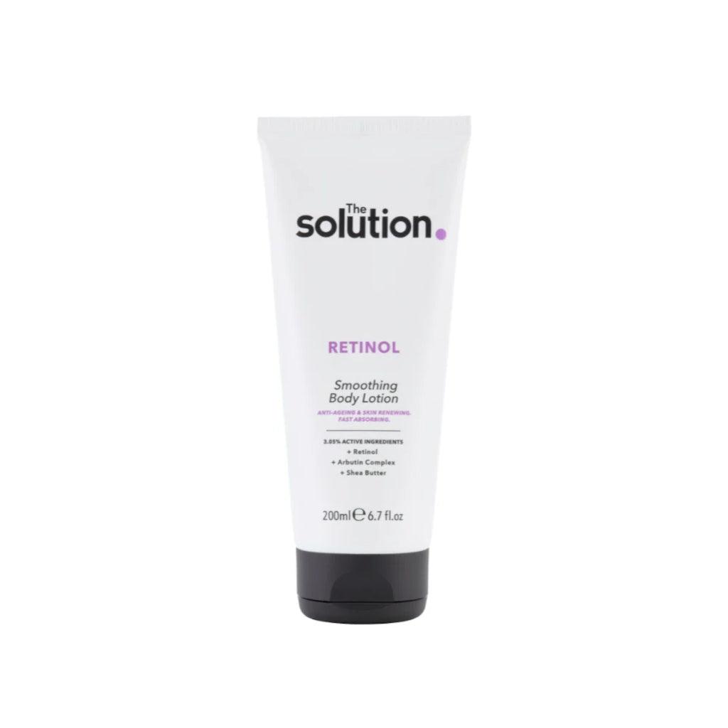 Tube of 'The Solution' Retinol Smoothing Body Lotion on a white background
