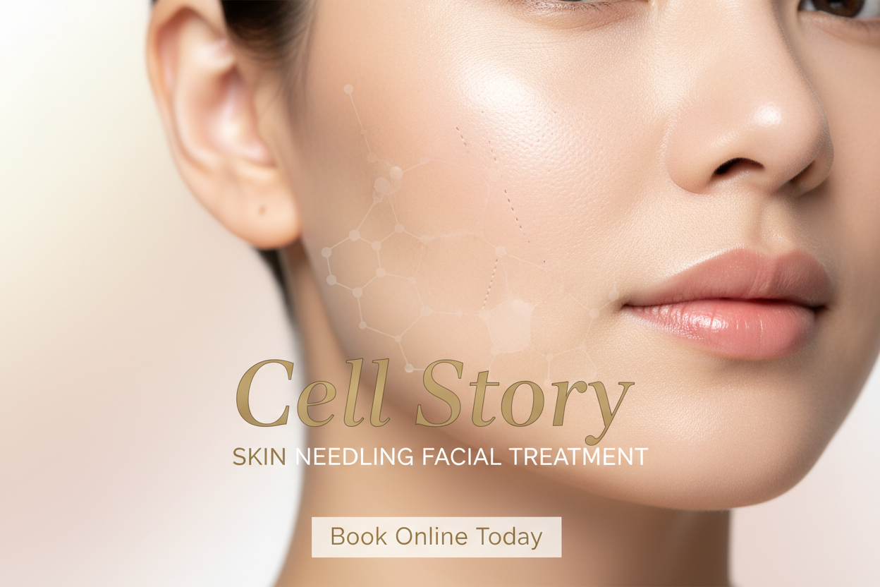 Advertisement for a skin needling facial treatment with 'Cell Story' branding.