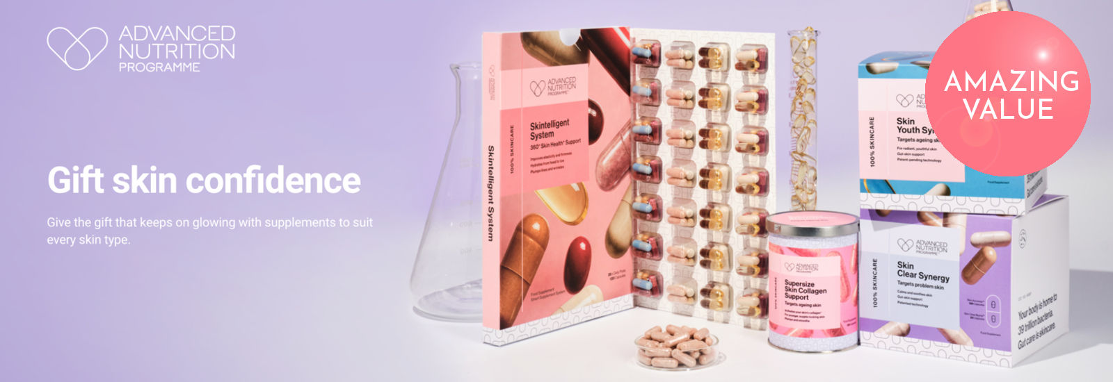 Supplement products with packaging on a white background, featuring 'Advanced Nutrition Programme' branding.