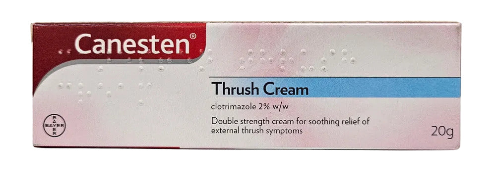 A 20g box of Canesten Thrush Cream, featuring a white and pink design with a red brand header and a blue accent stripe.