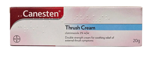 A 20g box of Canesten Thrush Cream, featuring a white and pink design with a red brand header and a blue accent stripe.