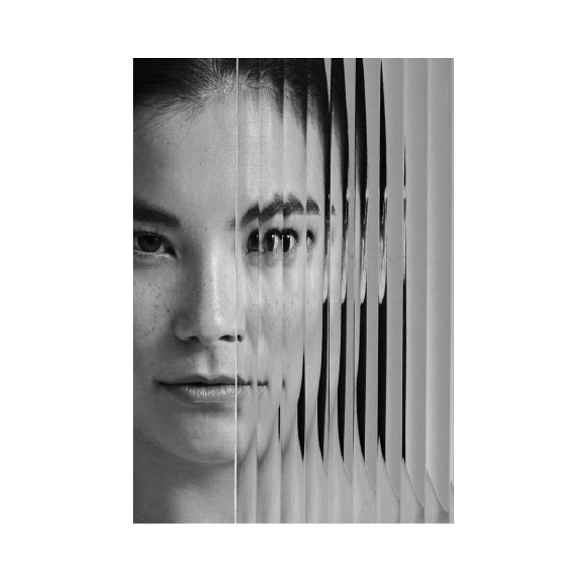 Black and white photo of a person with vertical lines on a white background