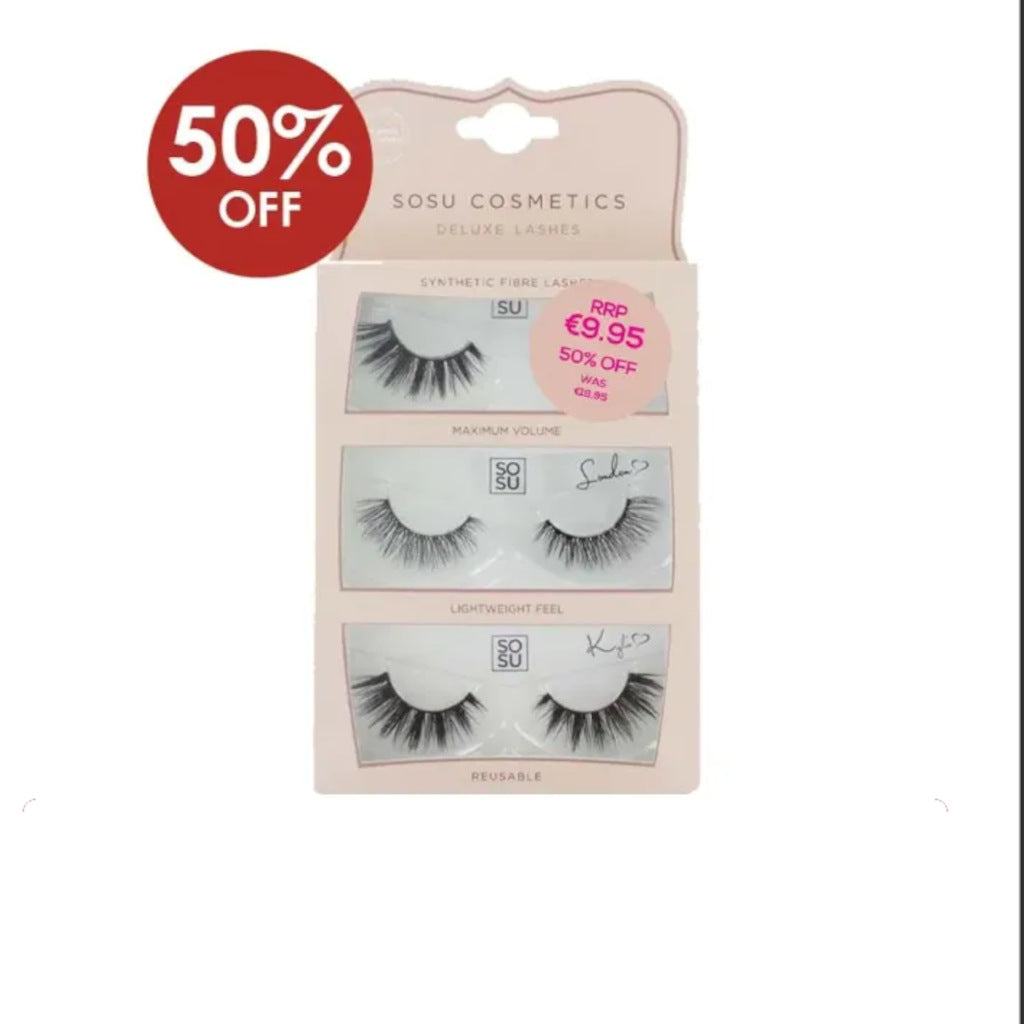 SOSU Cosmetics false eyelashes packaging with a 50% off label on a white background