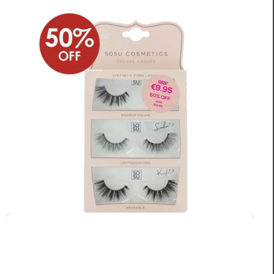 SOSU Cosmetics false eyelashes packaging with a 50% off label on a white background